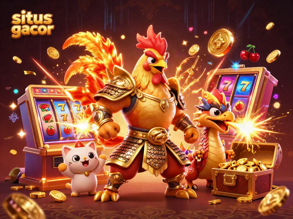 Experience thrilling spins at situs slot gacor with an action-packed casino illustration.