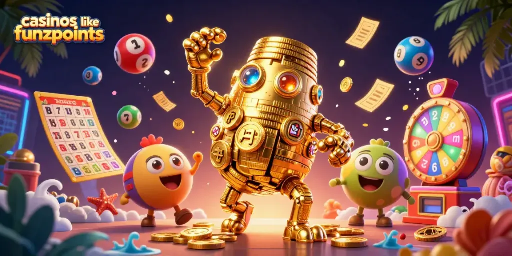 Win exciting prizes at casinos like Funzpoints with a dynamic 3D illustration of gaming elements.