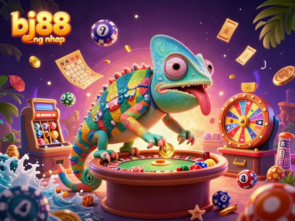 Experience the excitement of bj88 dang nhap with a vibrant chameleon casino owner surrounded by dynamic lottery elements.