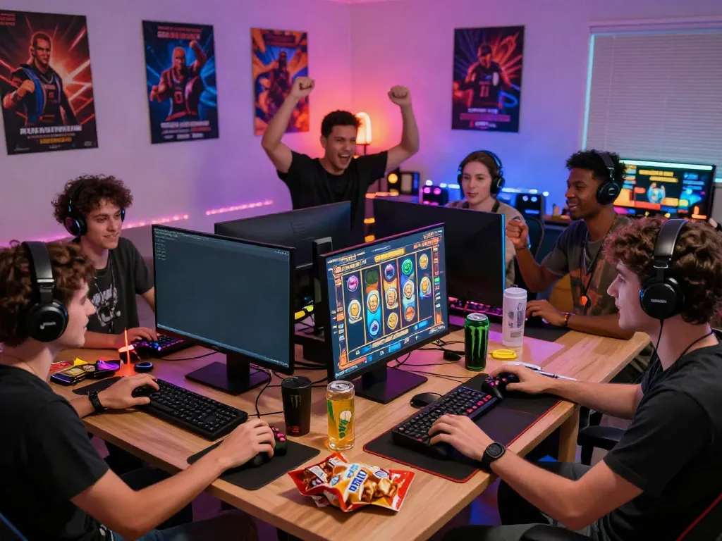 Friends passionately playing Slot MAHJONGJP88 in a lively gaming setup.