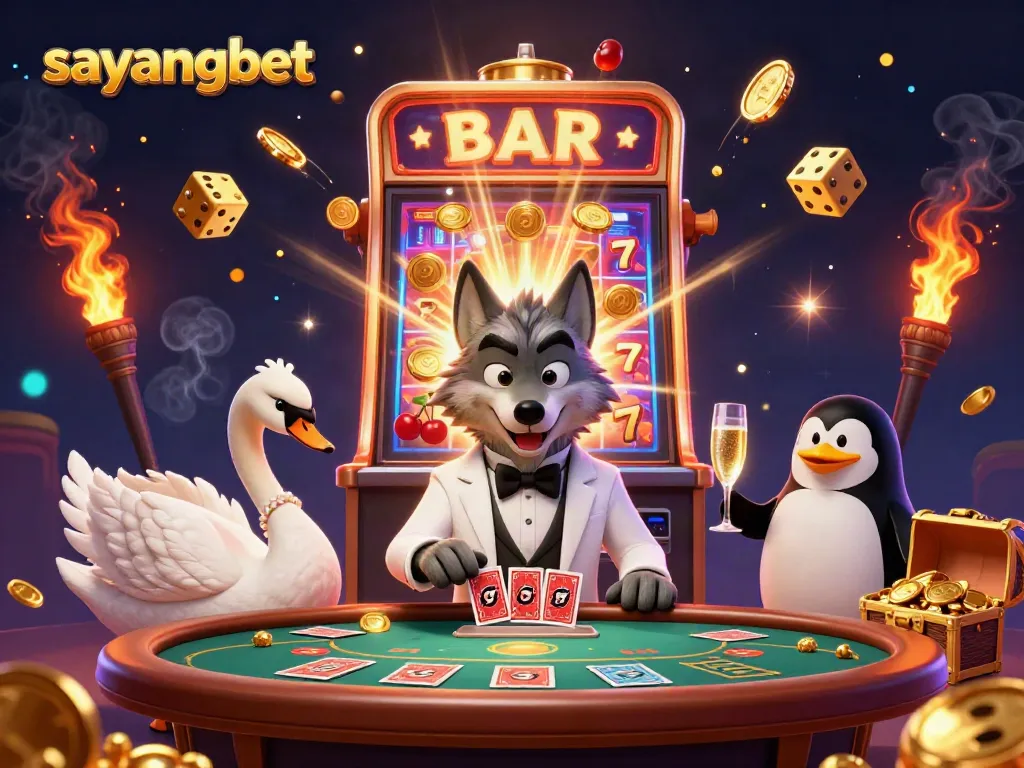 Experience thrilling gameplay with sayangbet as a debonair wolf and elegant swan deal cards at a baccarat table.