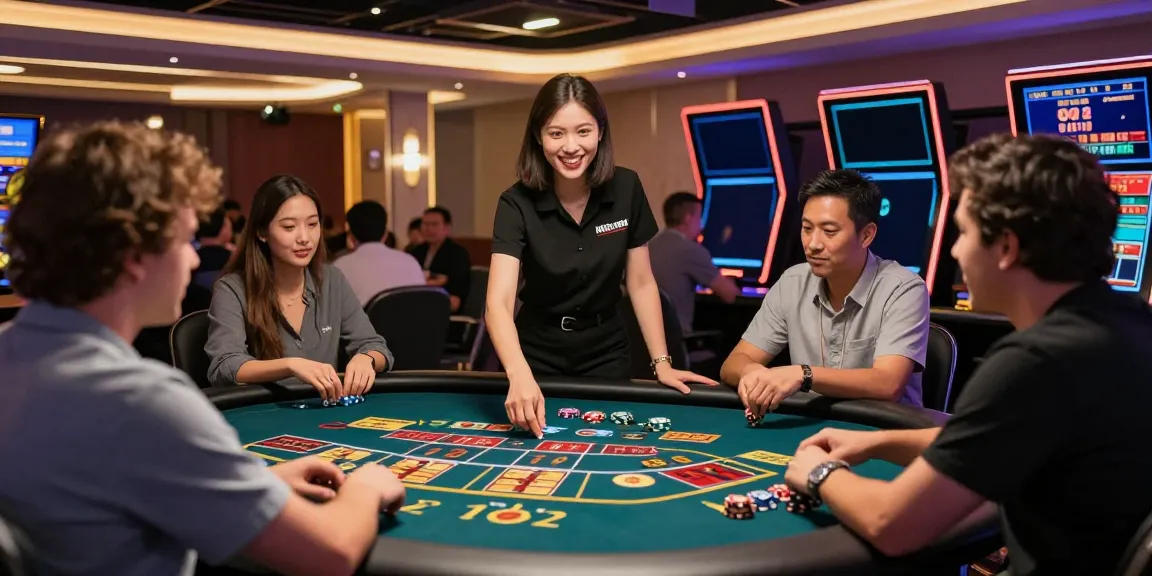 Exciting hargatoto gaming scene with diverse players and a friendly dealer at a modern gaming table