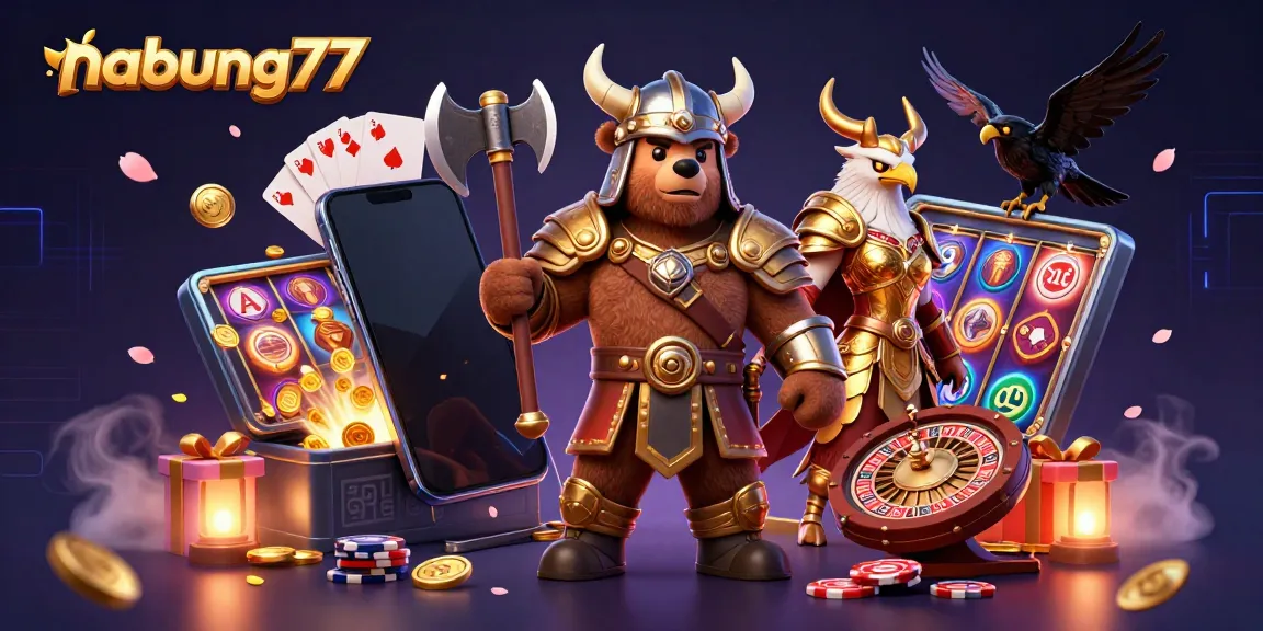 Nabung77 showcases thrilling slot gaming excitement with a Viking bear, Valkyrie eagle, and dynamic gaming elements.