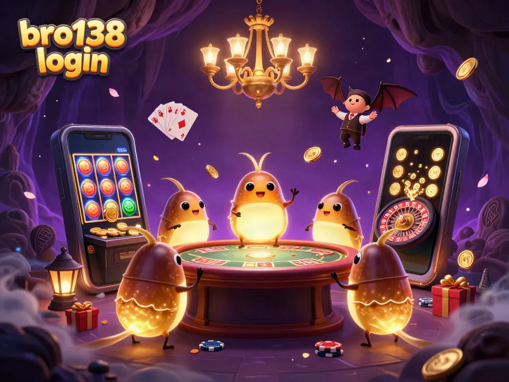 Join the fun at bro138 login with glowing glowworms lighting up a vibrant cave casino scene, showcasing dynamic gambling elements.