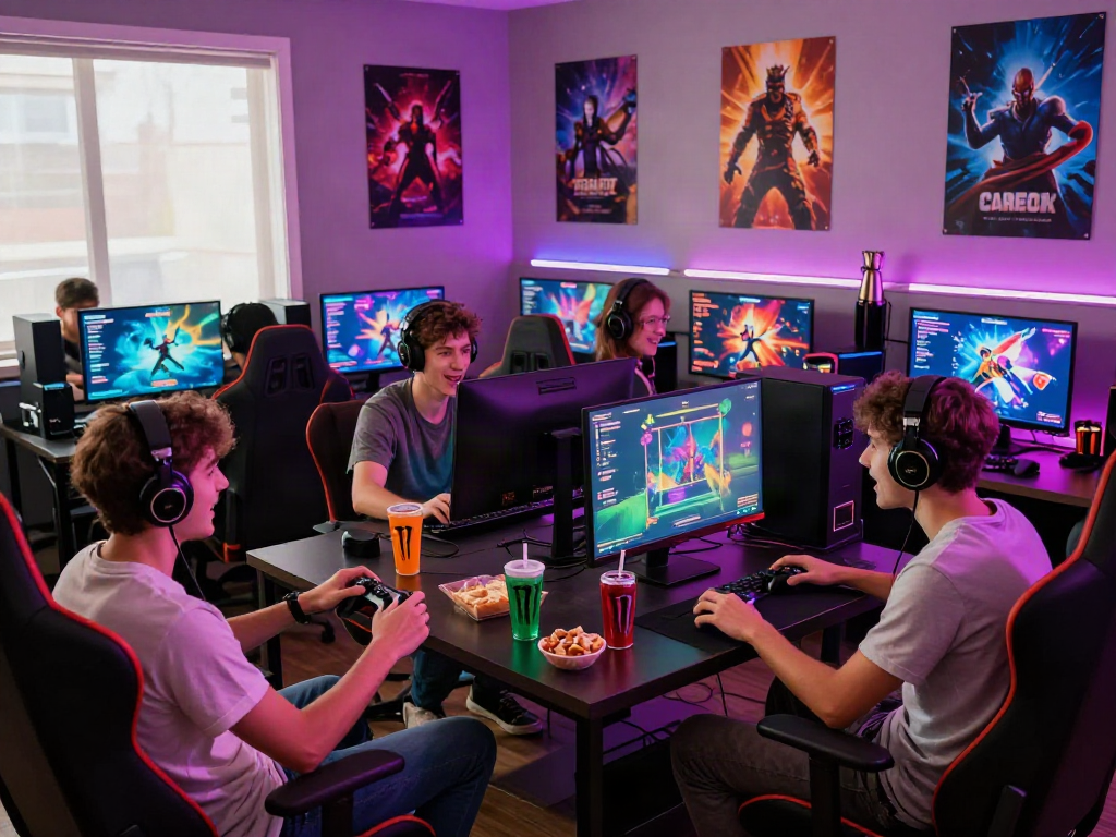 Group of friends enjoying html porn games in a vibrant gaming lounge