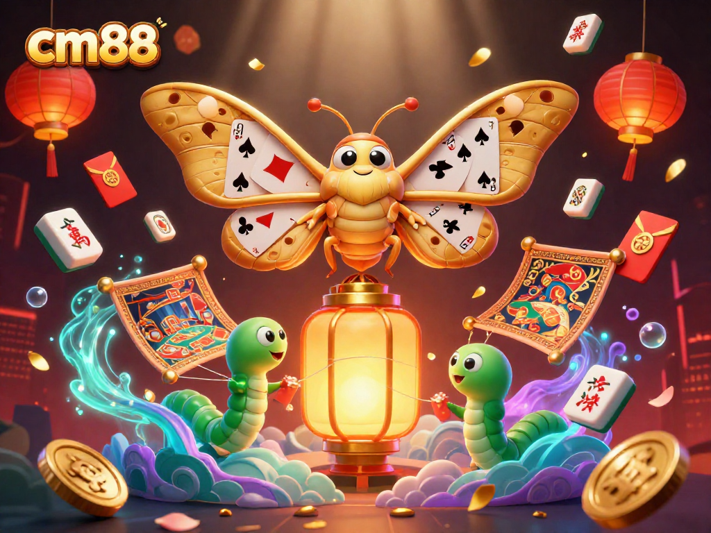 Engage in vibrant gaming at CM88 with golden wings, cards, and festive casino elements.