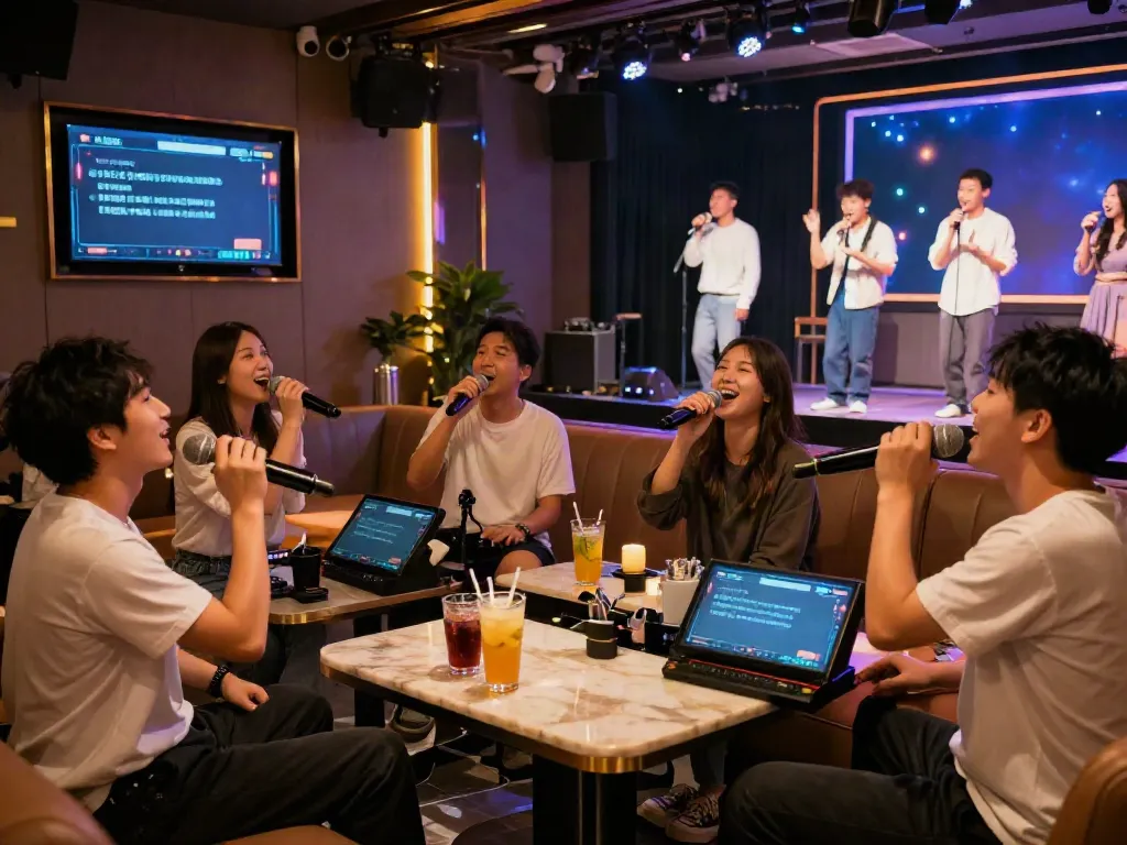 강남 달토에서 즐거운 분위기의 노래방 모습, daltorabbits.com에서 제공하는 고객 맞춤형 서비스와 편안한 좌석을 보여줍니다.