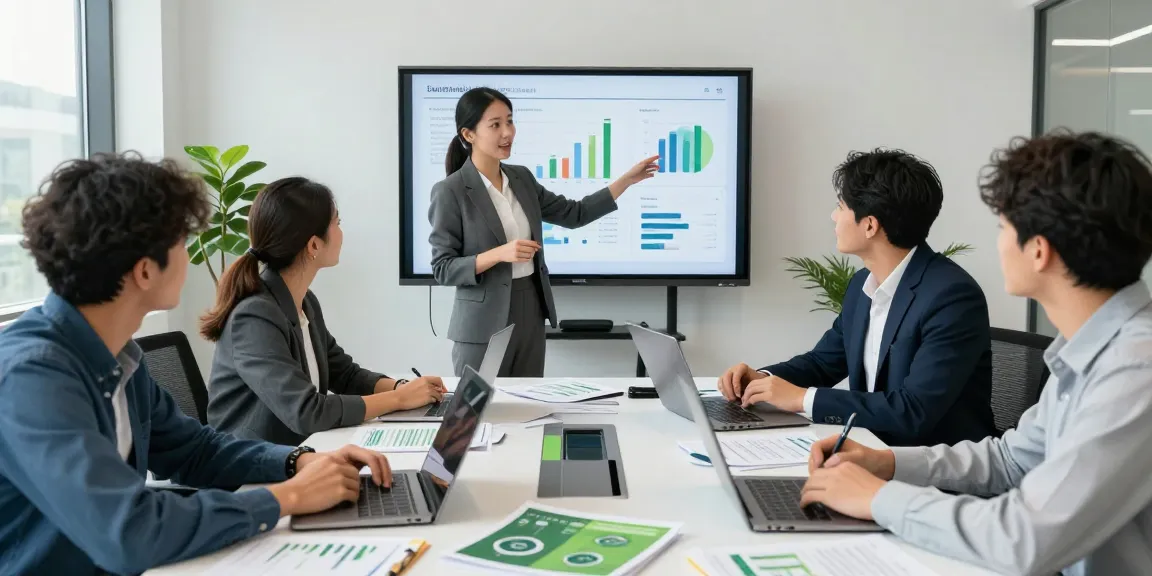 Business team discussing BICS energy solutions during a strategy session in a modern office.