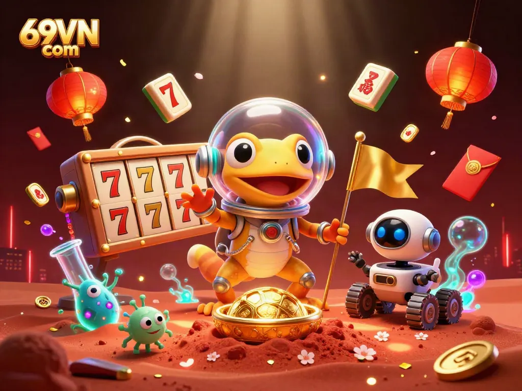 Experience thrilling gameplay at 69VN com while navigating a vibrant alien casino in this dynamic illustration.