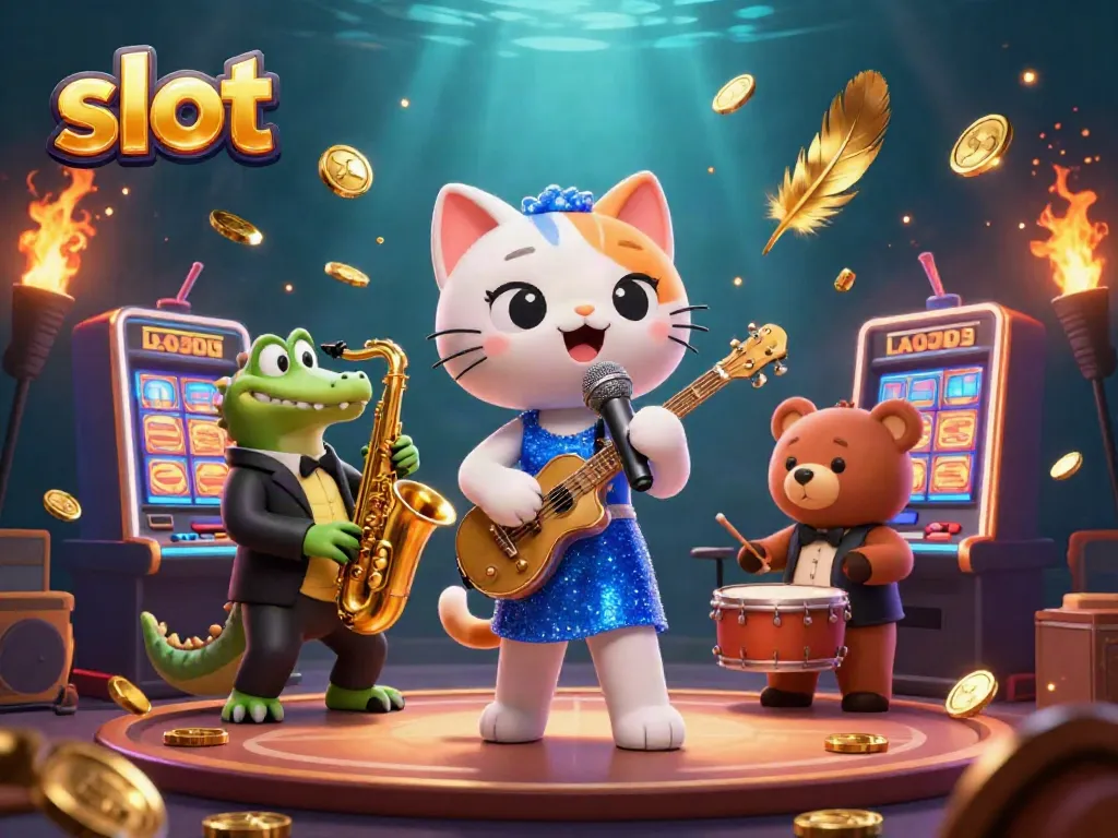 Mesin slot menanti kemenangan, ditemani kucing penyanyi jazz, buaya pemain saksofon, dan beruang muda penabuh drum.
