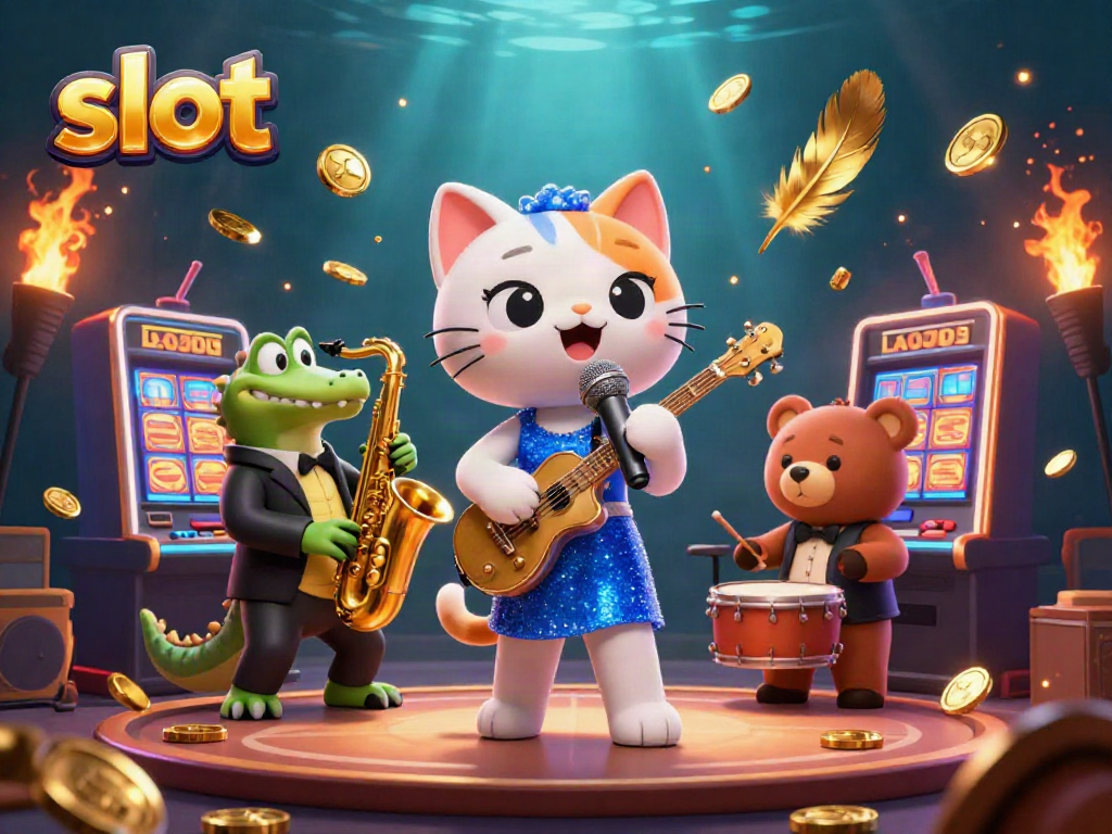 Mesin slot menanti kemenangan, ditemani kucing penyanyi jazz, buaya pemain saksofon, dan beruang muda penabuh drum.
