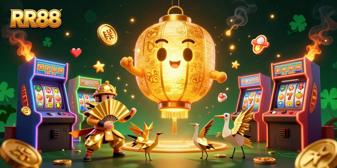 Experience RR88 thrills with a glowing lantern spirit and arcade games in a vibrant casino scene.