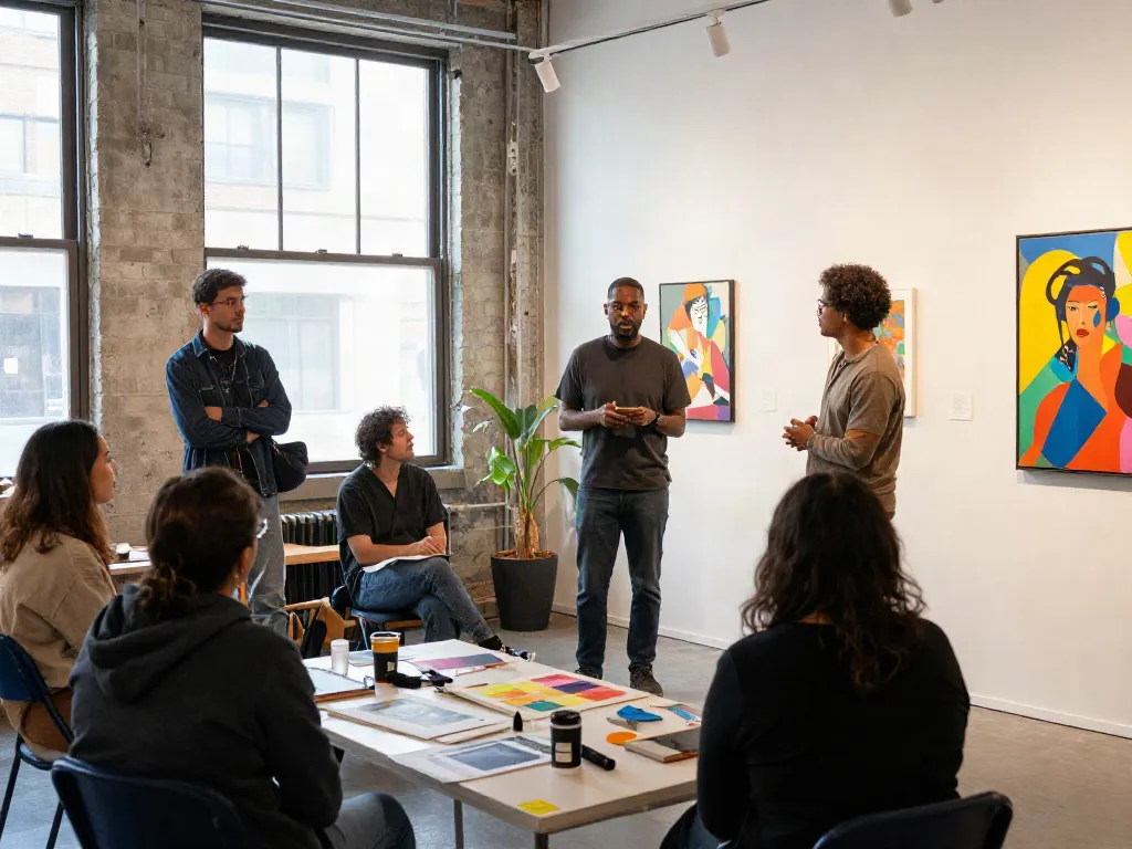 Bruce Bailey Toronto engaging with artists in a vibrant gallery space.