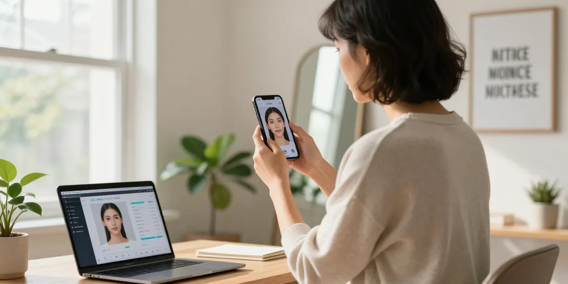 Test attractiveness through AI analysis in a bright home setting, showcasing facial features and personal reflection.