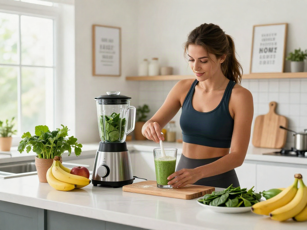 MOTS-C peptide smoothie preparation in a bright kitchen, highlighting health and wellness.