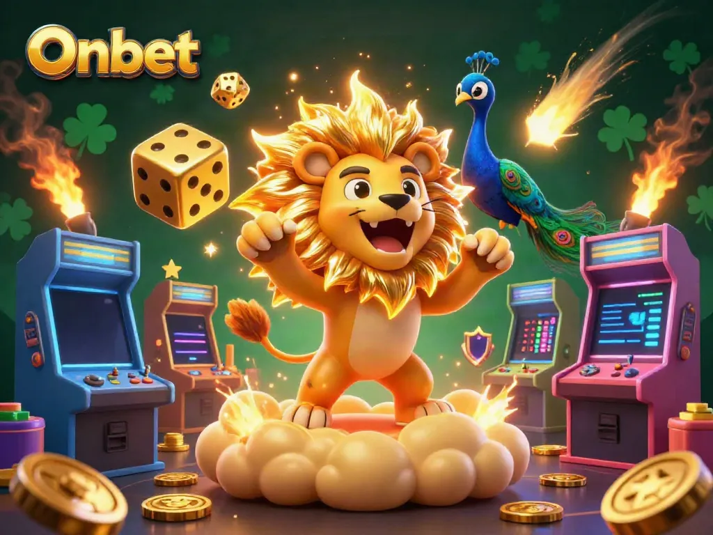 Engage in thrilling gameplay at Onbet with a vivid scene of a 3D lion and colorful casino elements.
