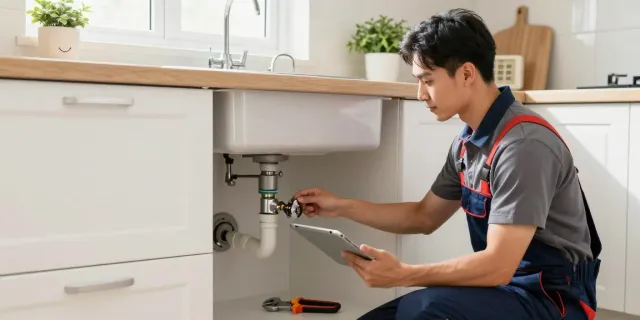 Professional plumber London fixing a leaky pipe under a kitchen sink, showcasing reliable service.