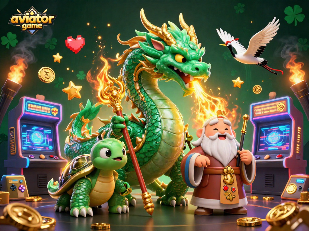 Experience the thrilling aviator game with a jade dragon and lucky cranes in a vibrant casino setting.