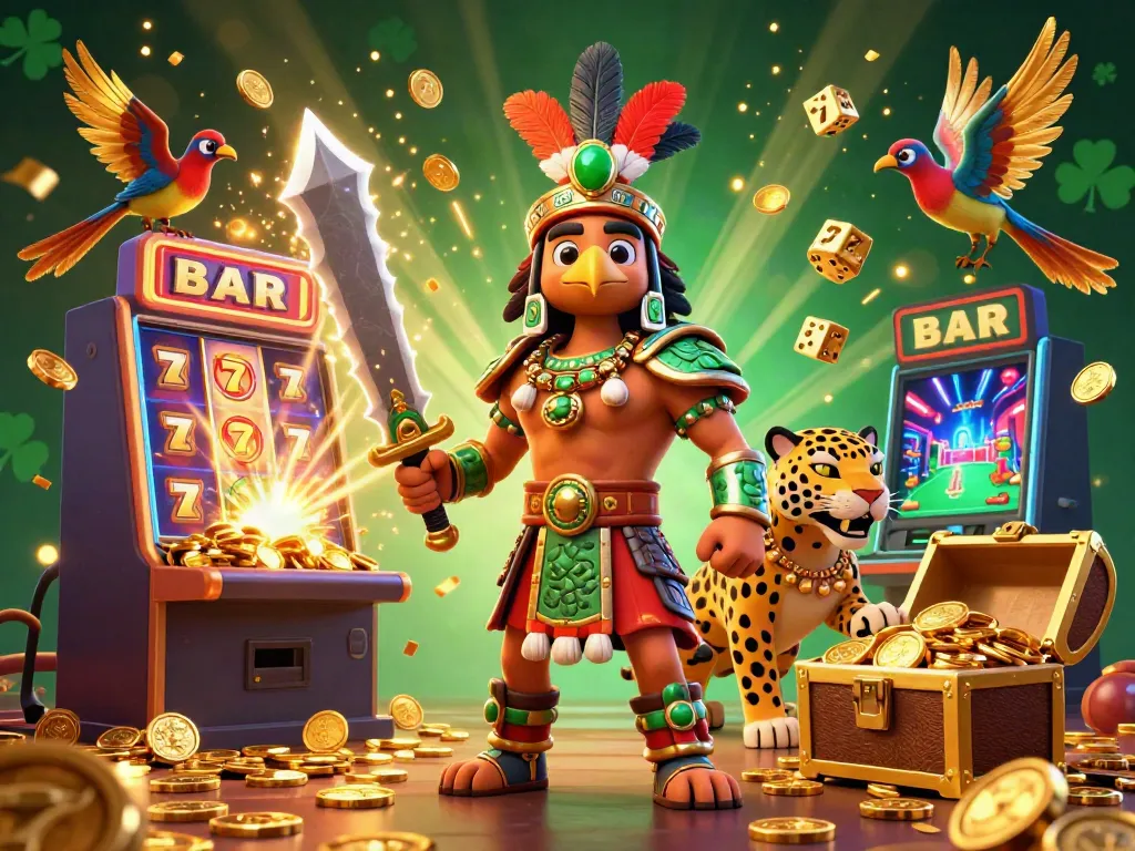 Experience the thrill of niastoto with an Aztec warrior amidst a vibrant casino jackpot scene.