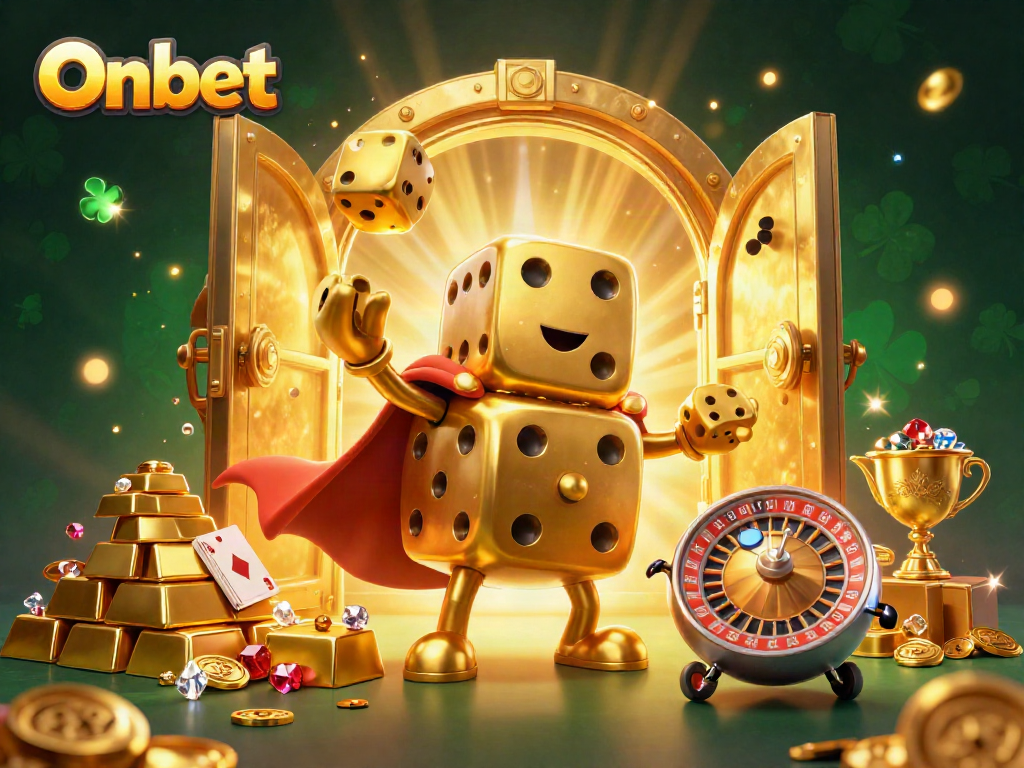 Experience excitement at Onbet with a vibrant 3D casino scene featuring a golden dice golem, treasure, and dazzling gems.