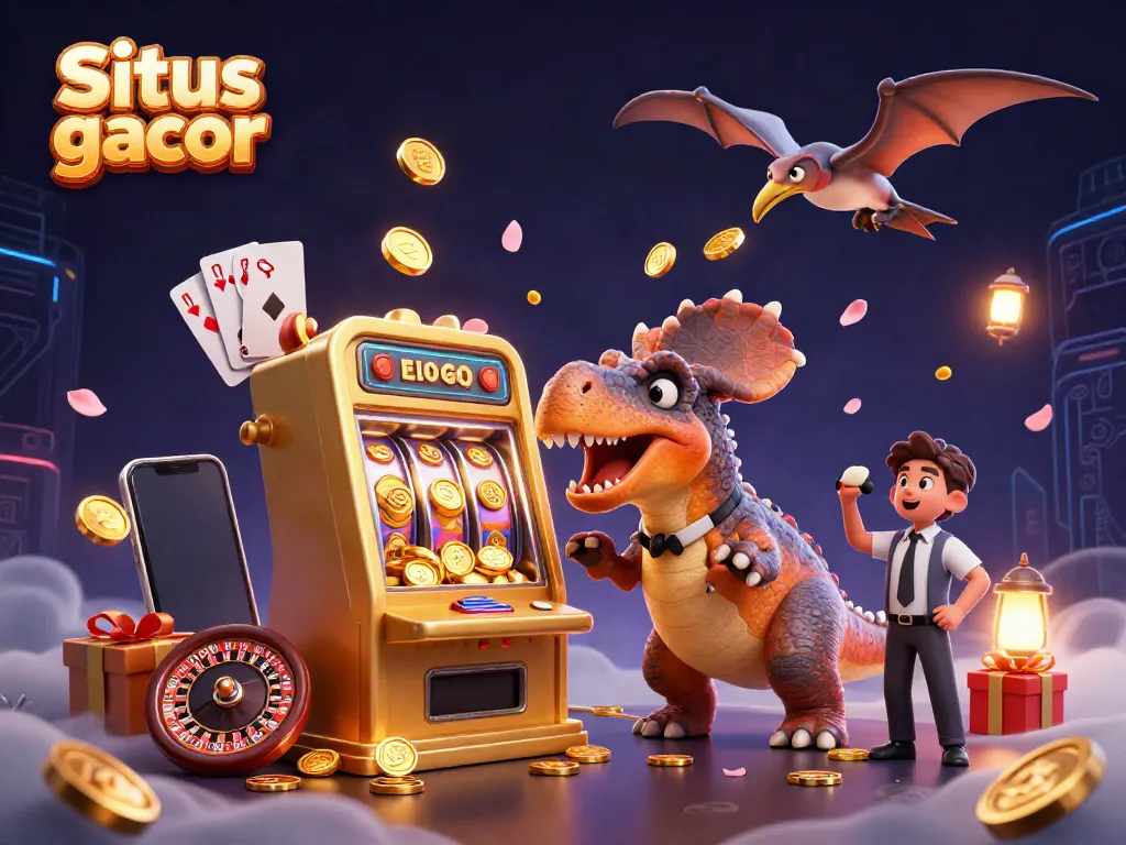 Situs slot gacor scene with a cartoon dinosaur headbutting a golden slot machine, and colorful casino elements.