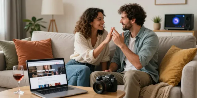Couple engaging in playful interaction while exploring stepsis porn content in a cozy living room.