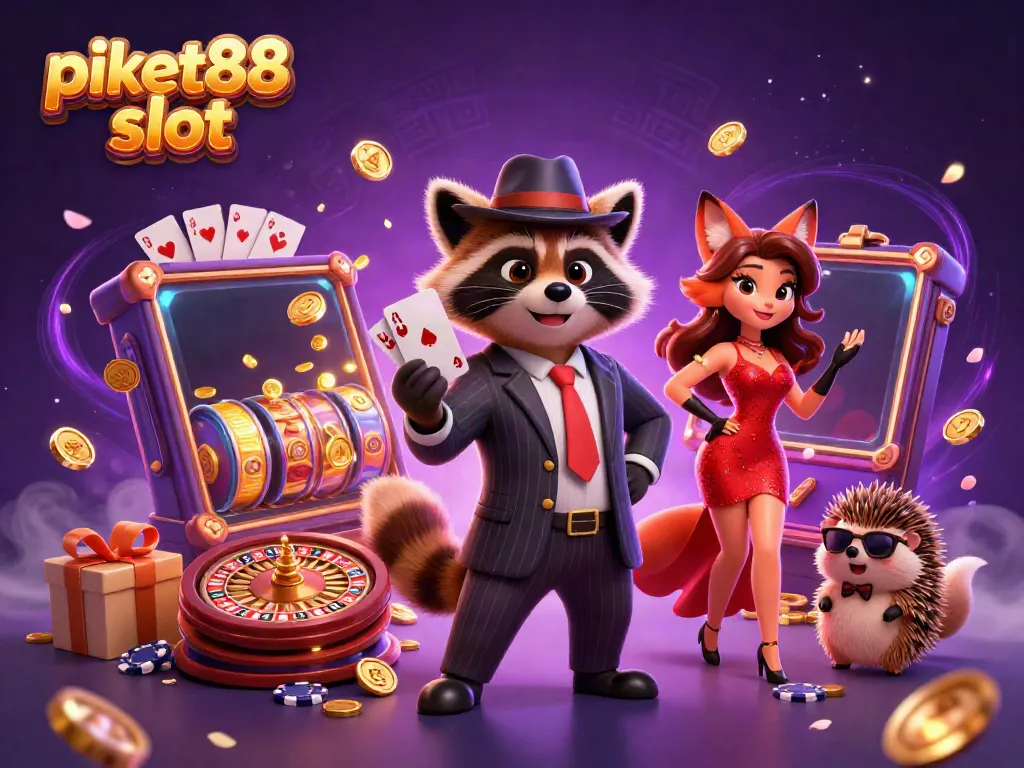 Experience the thrill of piket88 slot with a raccoon, fox, and hedgehog in a vibrant casino scene.