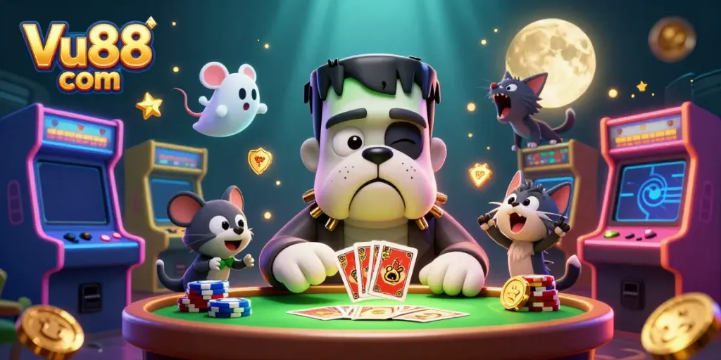 Join the excitement at Vu88 com with vivid casino characters and vibrant gaming elements.