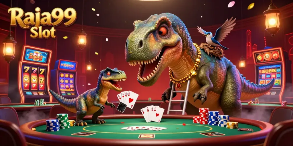 Raja99 Slot menampilkan permainan slot dalam ilustrasi 3D berwarna-warni dengan dinosaurus dan dealer kartu.