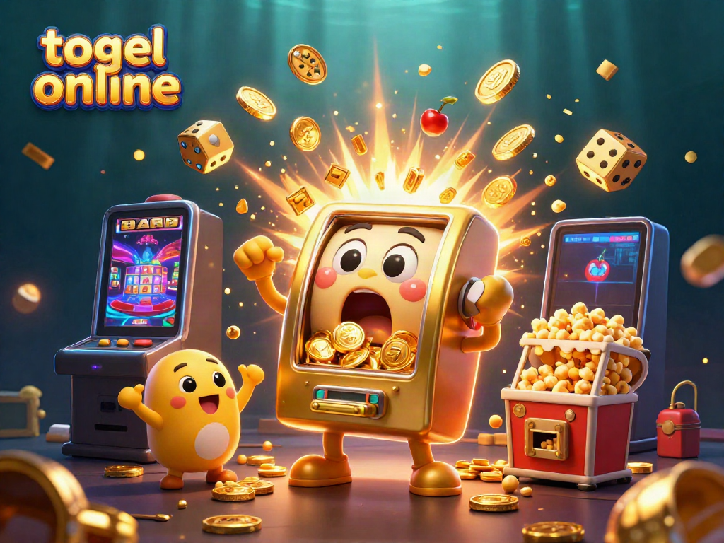 Engaging illustration of a winning moment in togel online, showcasing a jubilant slot machine with coins pouring out.