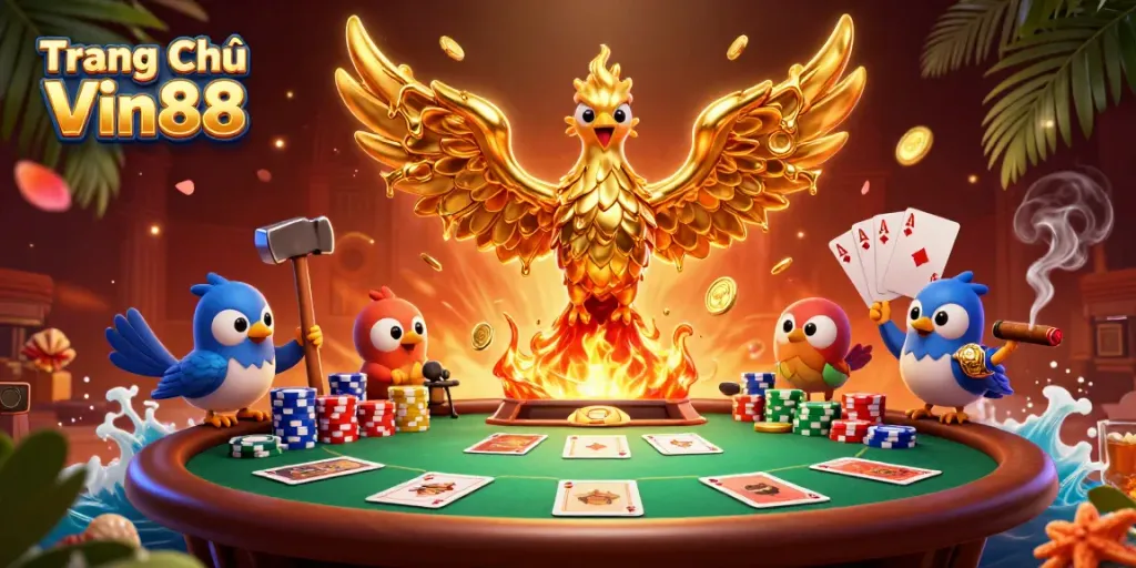 Engage with thrilling gaming at Trang Chủ Vin88, featuring a majestic phoenix and exciting poker elements.