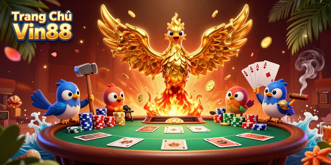 Engage with thrilling gaming at Trang Chủ Vin88, featuring a majestic phoenix and exciting poker elements.