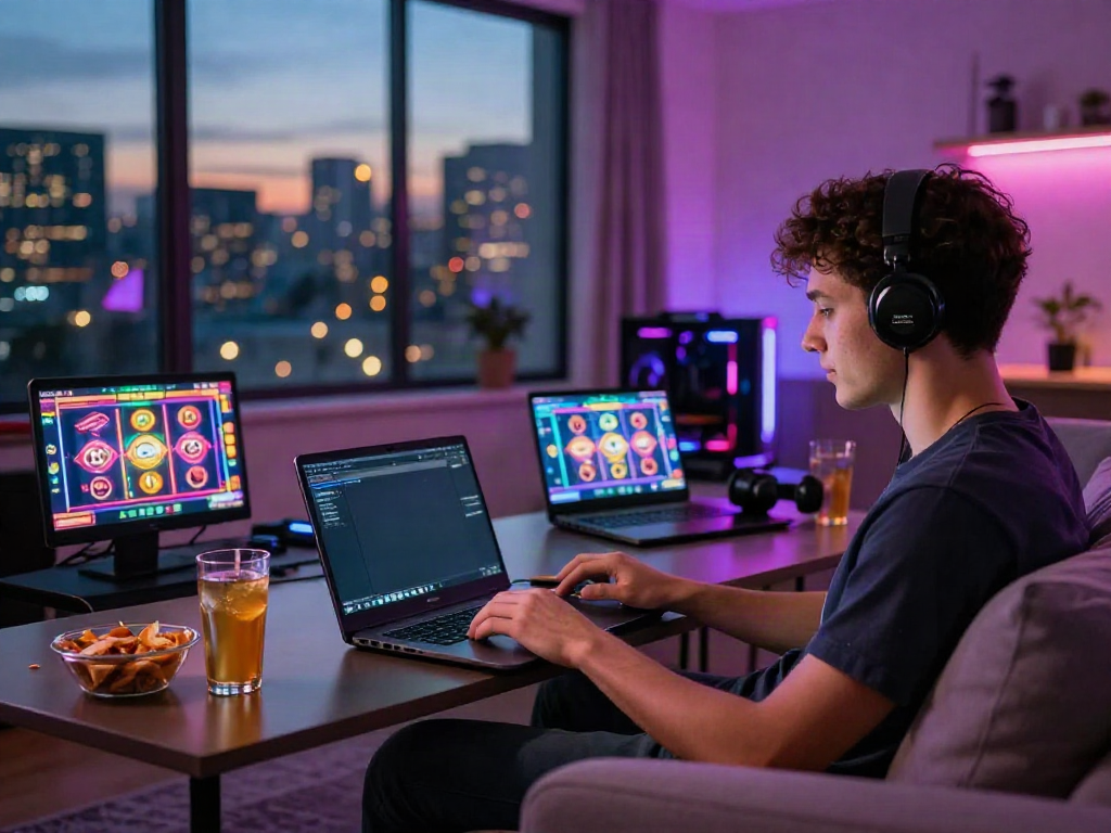 Youth engaging in lively online gaming with link slot777 on laptop, surrounded by snacks and city skyline.