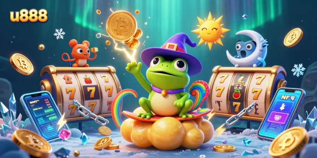 Join the excitement at u888 with a vibrant 3D illustration celebrating casino games and crypto!