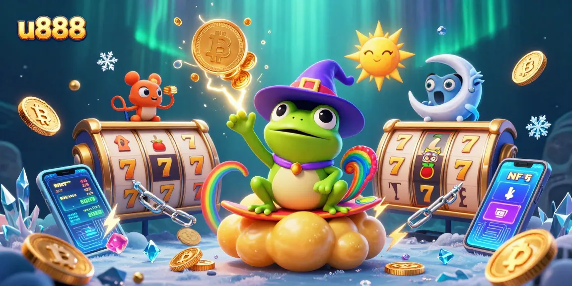 Join the excitement at u888 with a vibrant 3D illustration celebrating casino games and crypto!