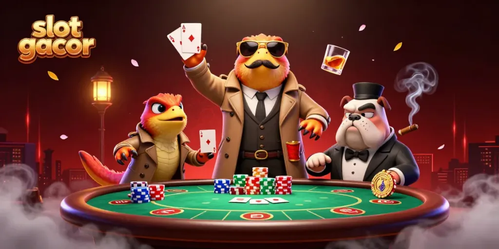Experience slot gacor excitement with three raptors in a trench coat entering a VIP casino lounge.