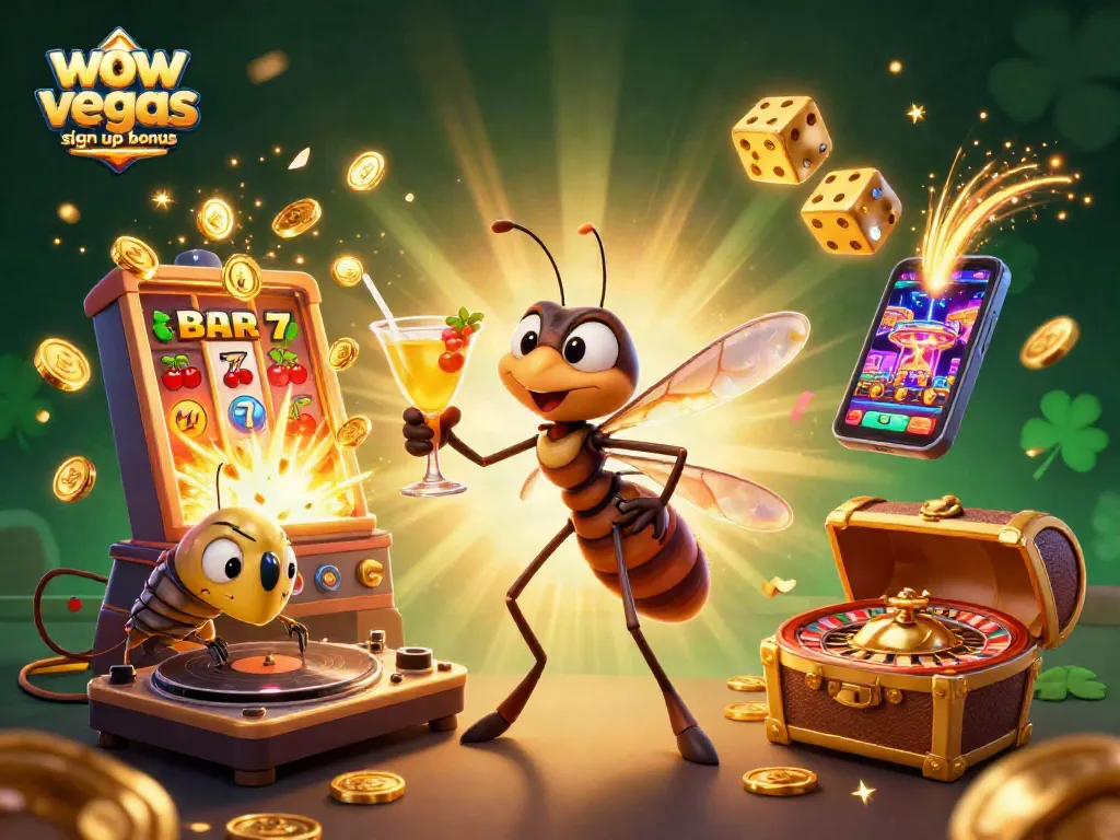 Claim the wow vegas sign up bonus with captivating casino scene showcasing slot machines, coins, and vibrant characters.