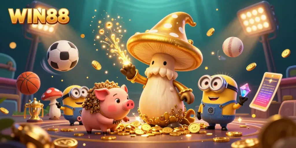 Experience the magic of WIN88 with a golden mushroom wizard and treasure-hunting characters in a vibrant casino scene.