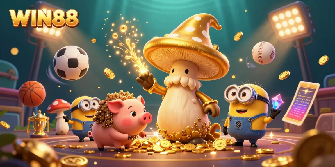 Experience the magic of WIN88 with a golden mushroom wizard and treasure-hunting characters in a vibrant casino scene.