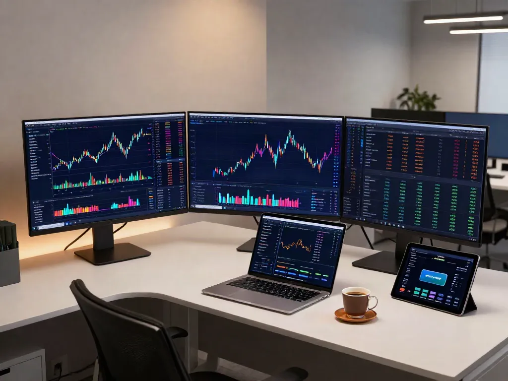 Real-time market data API in an advanced cryptocurrency trading environment with multiple monitors and digital wallets.