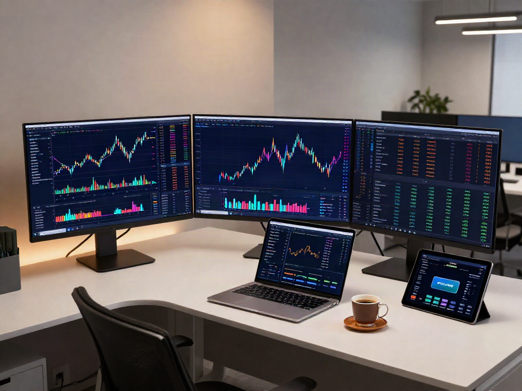Real-time market data API in an advanced cryptocurrency trading environment with multiple monitors and digital wallets.