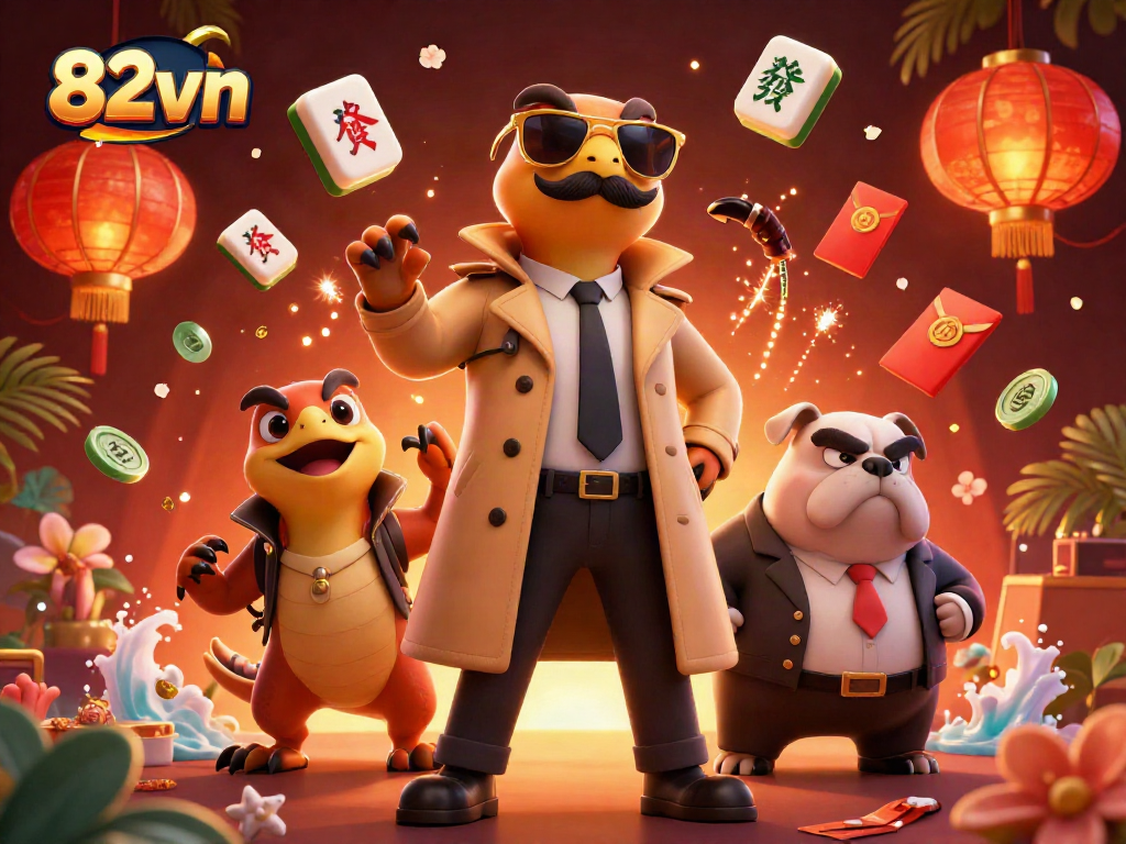 Experience the excitement of 82vn in a vibrant casino scene with cartoon raptors.