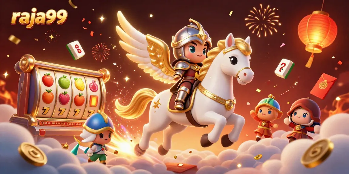 Experience the thrill of raja99 with a dynamic illustration of a celestial horse and knight in a casino setting.
