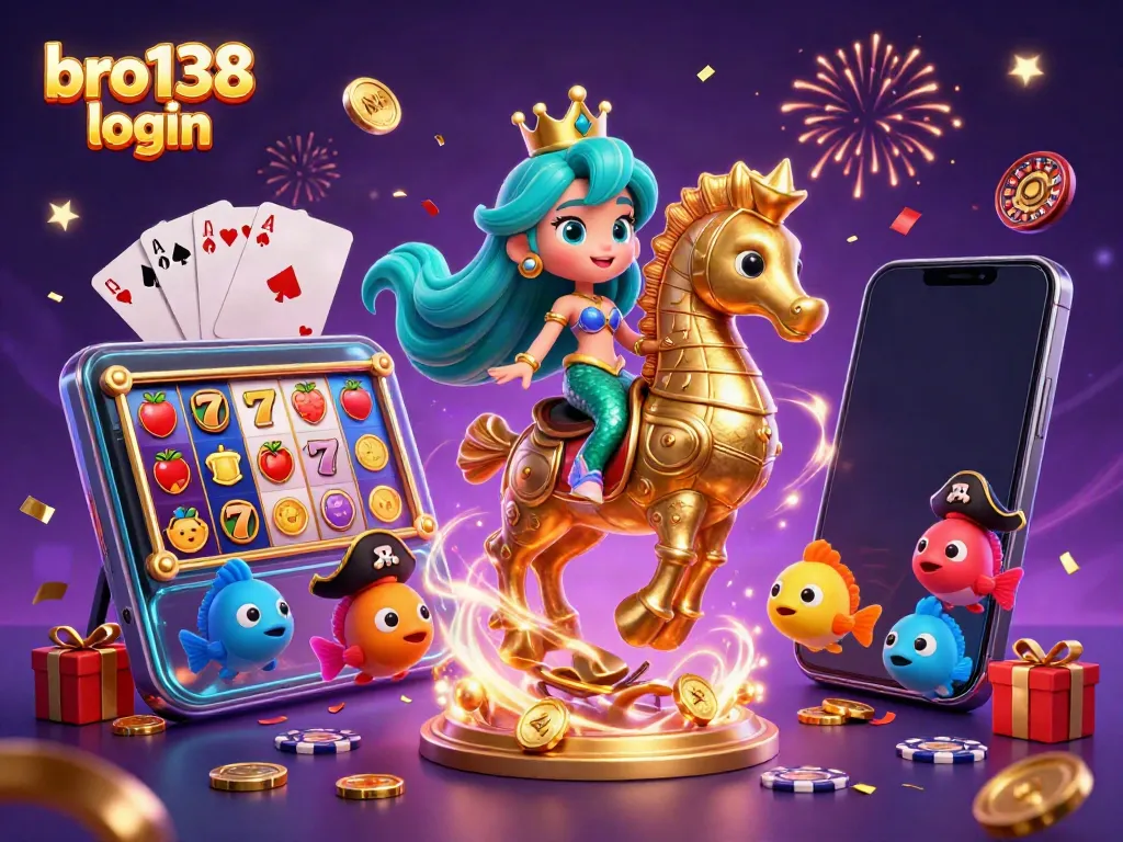 Experience the excitement of bro138 login with a vibrant casino-themed 3D scene featuring a mermaid princess.