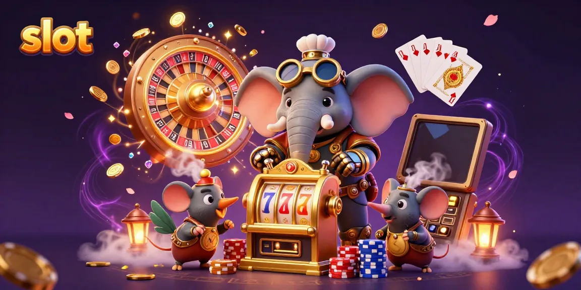 Experience thrilling slot action with a steampunk elephant engineer amidst cascading coins and colorful game elements.