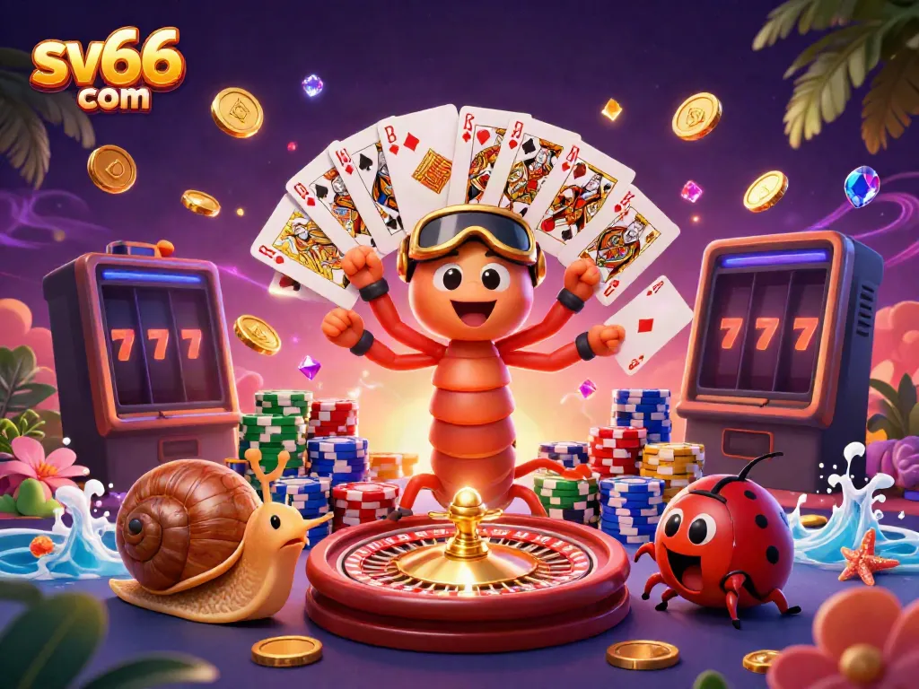 Experience thrilling gameplay at sv66 com with a dynamic casino scene featuring a cartoon casino dealer.