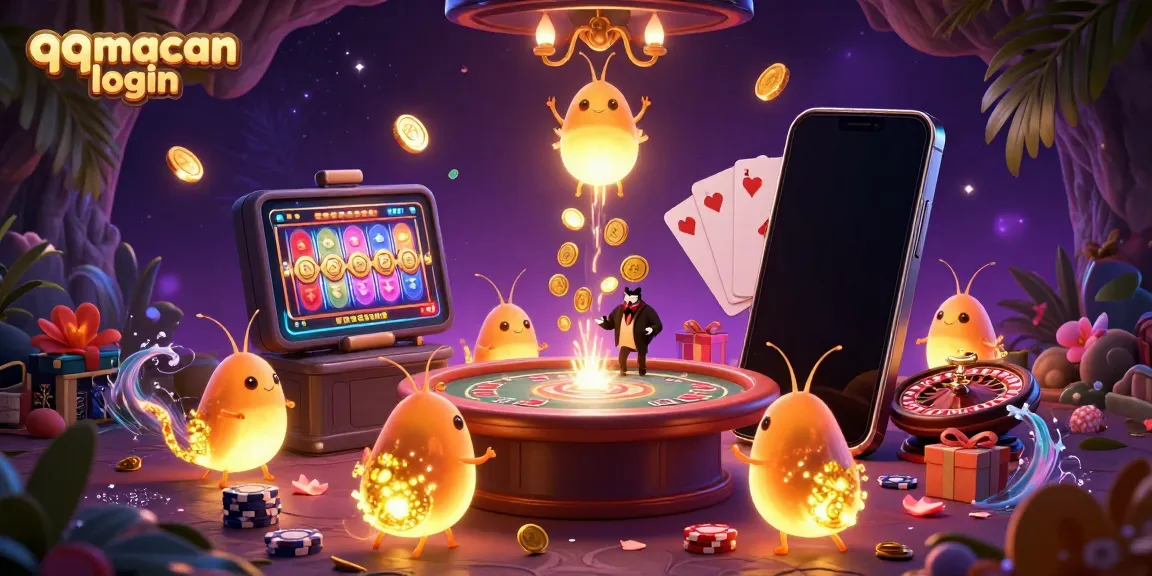 Play the thrilling qqmacan login with a vibrant 3D casino scene featuring glowworms and a bat dealer.