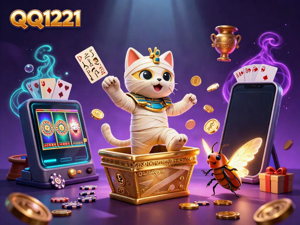 Engage with QQ1221 slot excitement as an Egyptian mummy cat and companion unveil a pyramid casino.