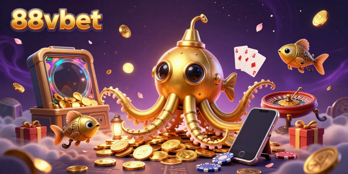 Experience the thrill of 88vbet with a golden kraken submarine surfacing through coins in a dynamic casino scene.