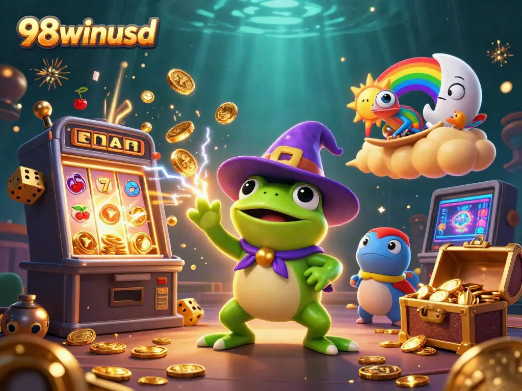 Experience a vibrant 98winusd casino world with golden coins, lively characters, and dynamic game elements.